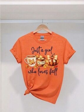 Just A Girl Who Loves Fall Graphic Tee Orange Autumn Pumpkin T-Shirt